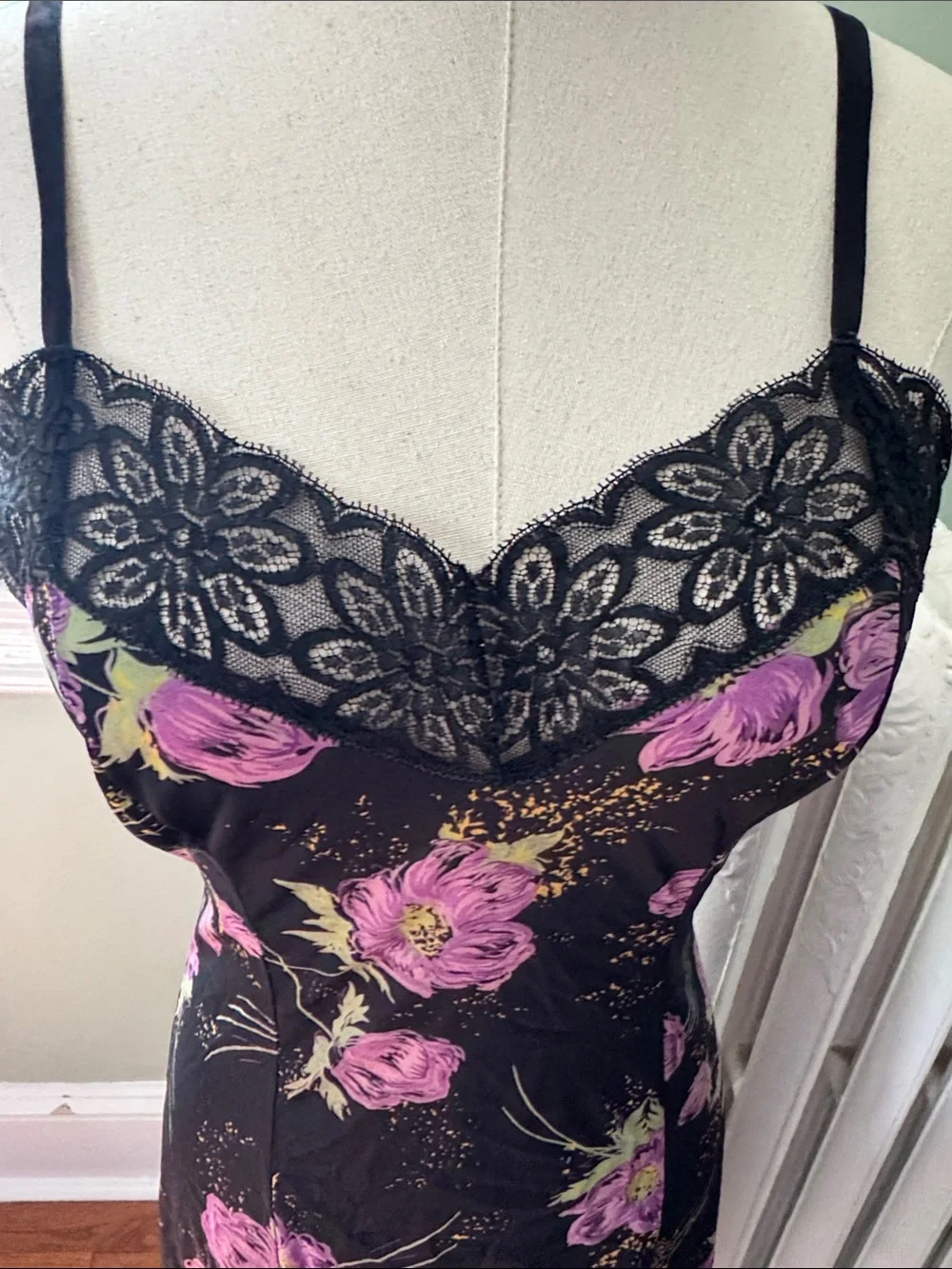 Vintage Black Slip Dress with Purple Floral Print - Picture 8 of 10